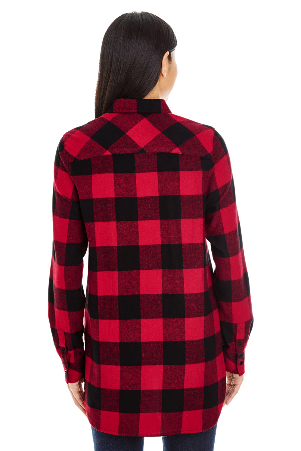 Burnside B5210/5210 Womens Boyfriend Flannel Long Sleeve Button Down Shirt w/ Double Pockets Red/Black Model Back