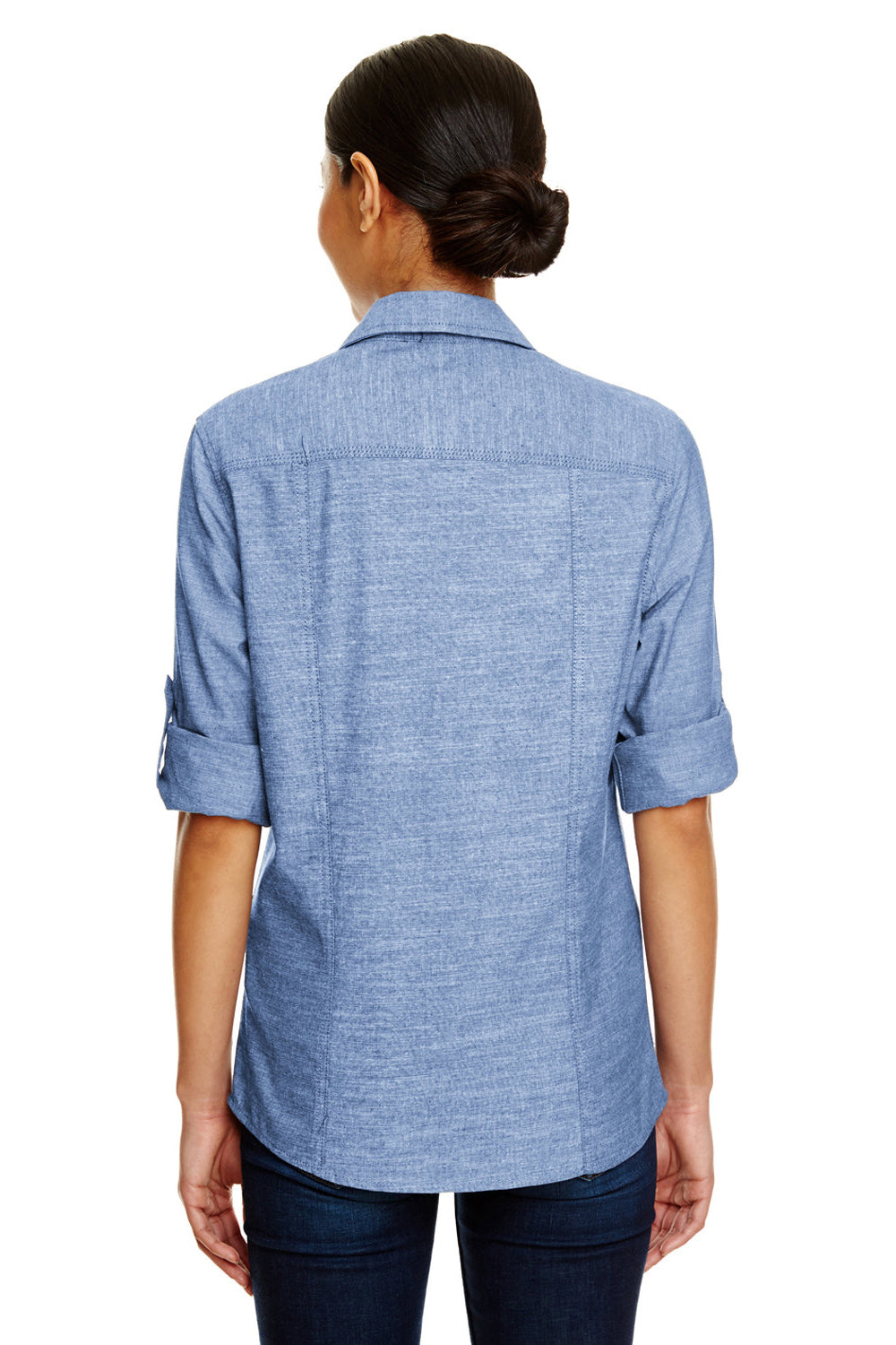 Burnside 5255 Womens Long Sleeve Button Down Shirt w/ Double Pockets Light Denim Model Back