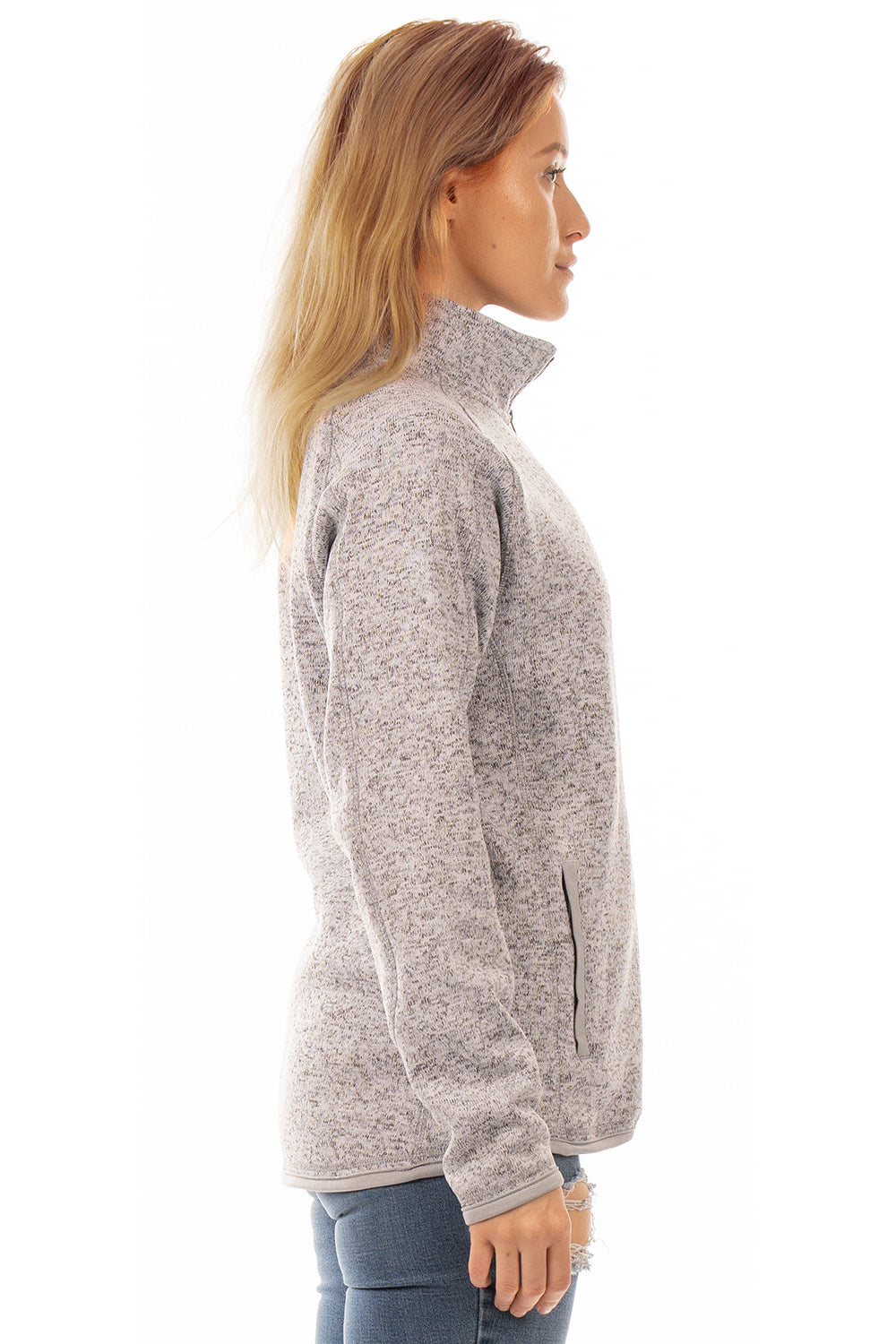 Burnside 5901 Womens Sweater Knit Full Zip Jacket Heather Grey Model Side