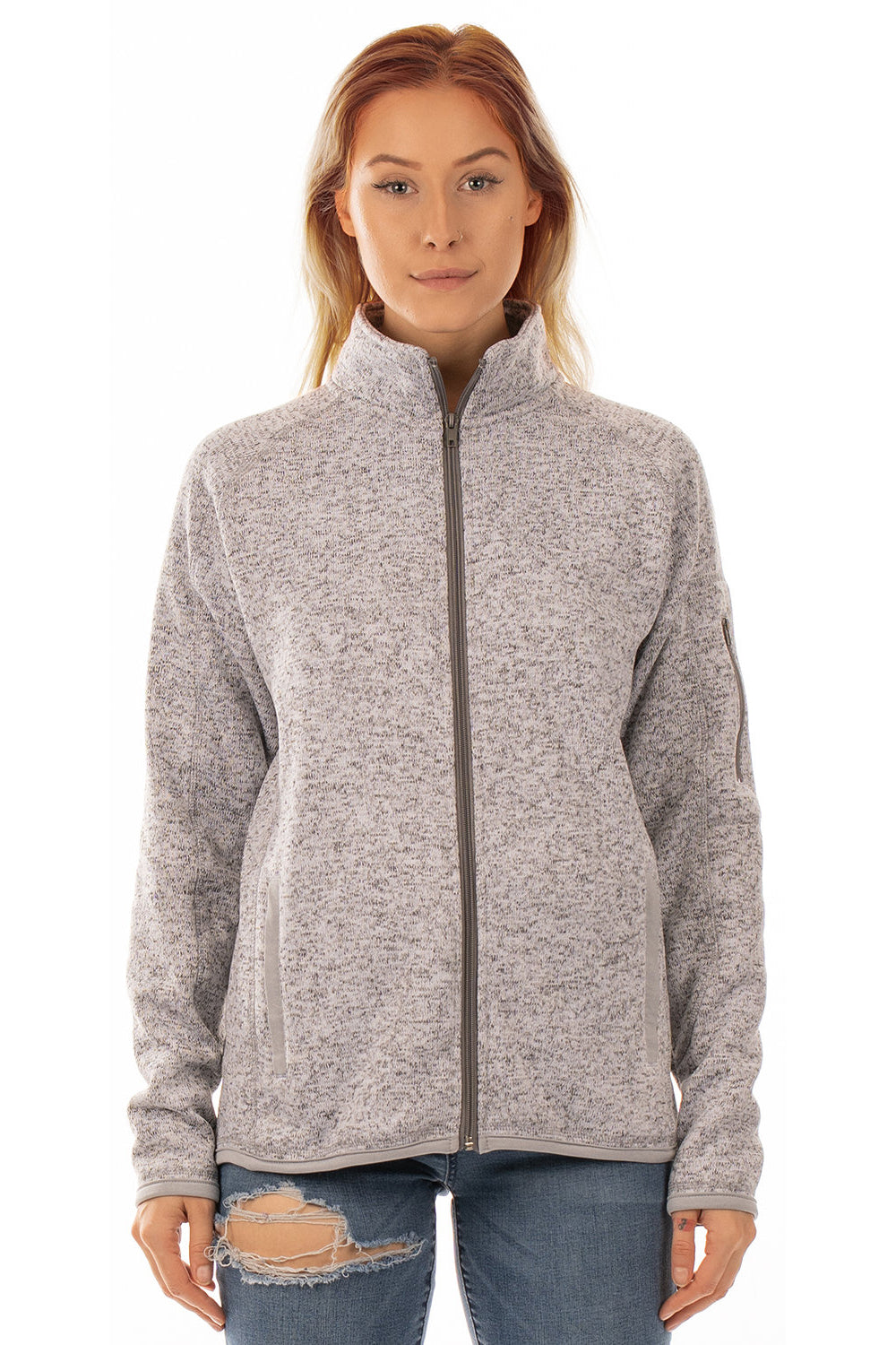 Burnside 5901 Womens Sweater Knit Full Zip Jacket Heather Grey Model Front