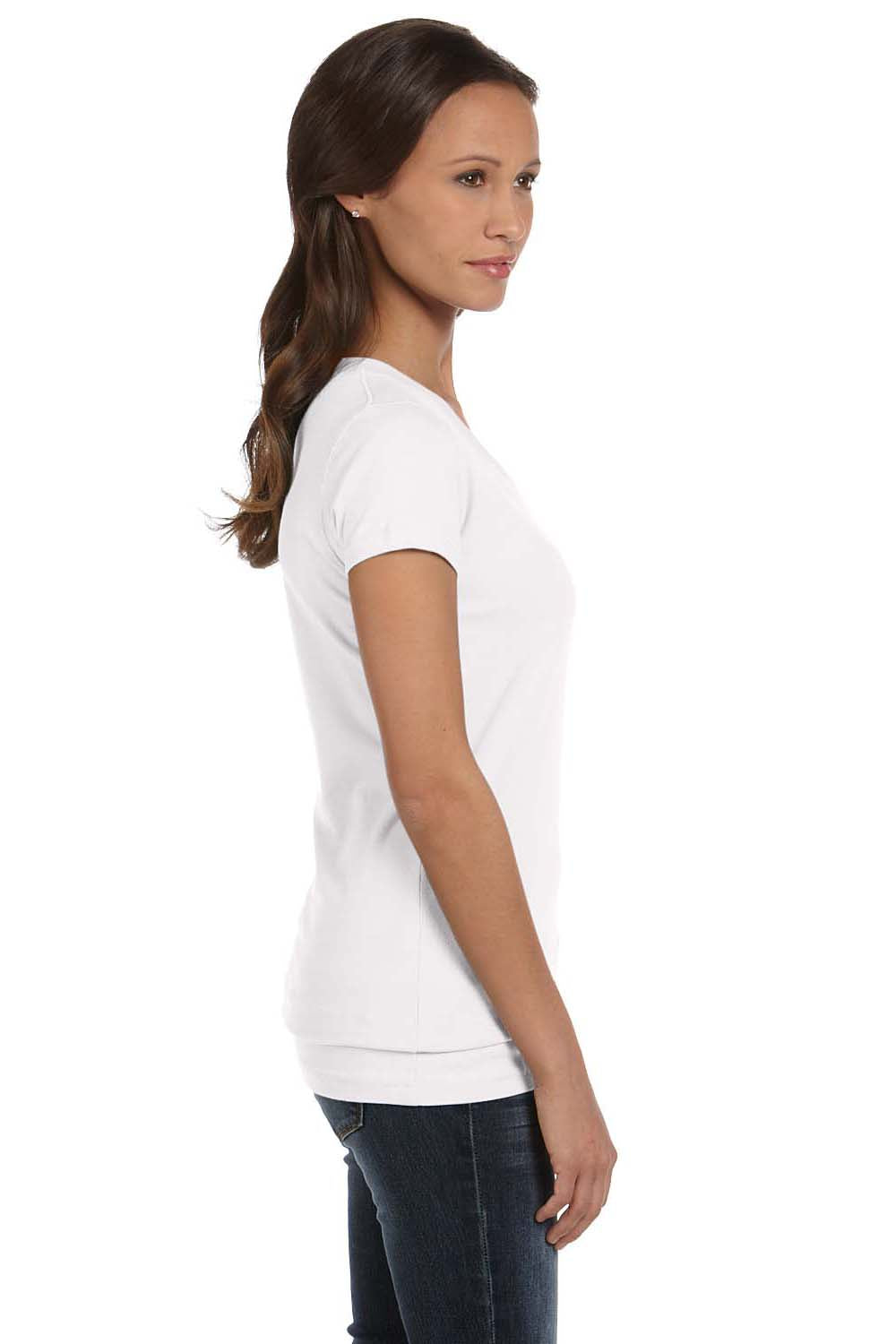 Bella + Canvas B6005/6005 Womens Jersey Short Sleeve V-Neck T-Shirt White Model Side