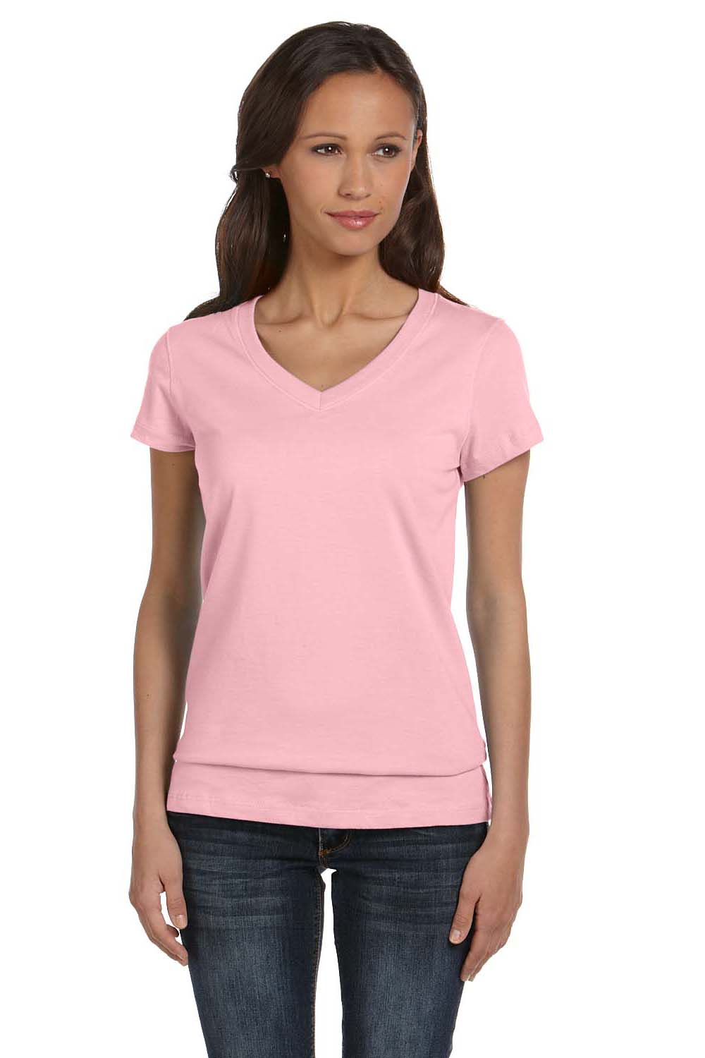 Bella + Canvas B6005/6005 Womens Jersey Short Sleeve V-Neck T-Shirt Pink Model Front