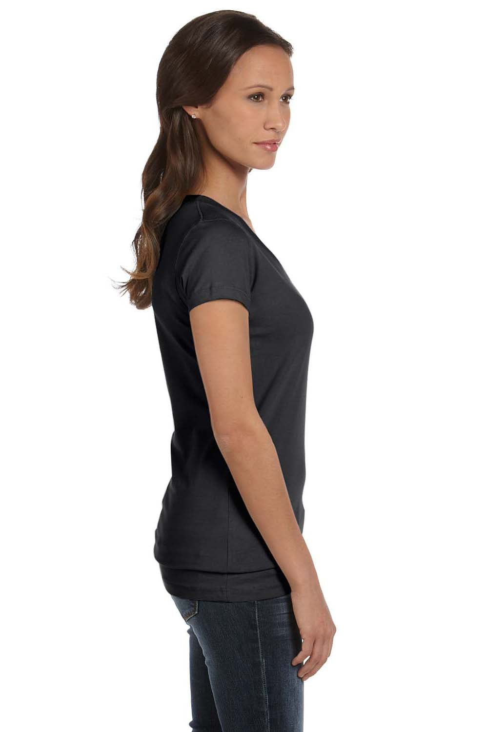 Bella + Canvas B6005/6005 Womens Jersey Short Sleeve V-Neck T-Shirt Heather Dark Grey Model Side
