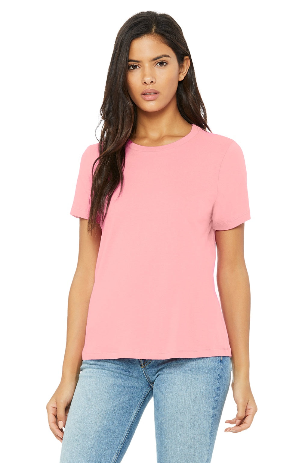Bella + Canvas BC6400/6400 Womens Relaxed Jersey Short Sleeve Crewneck T-Shirt Pink Model Front