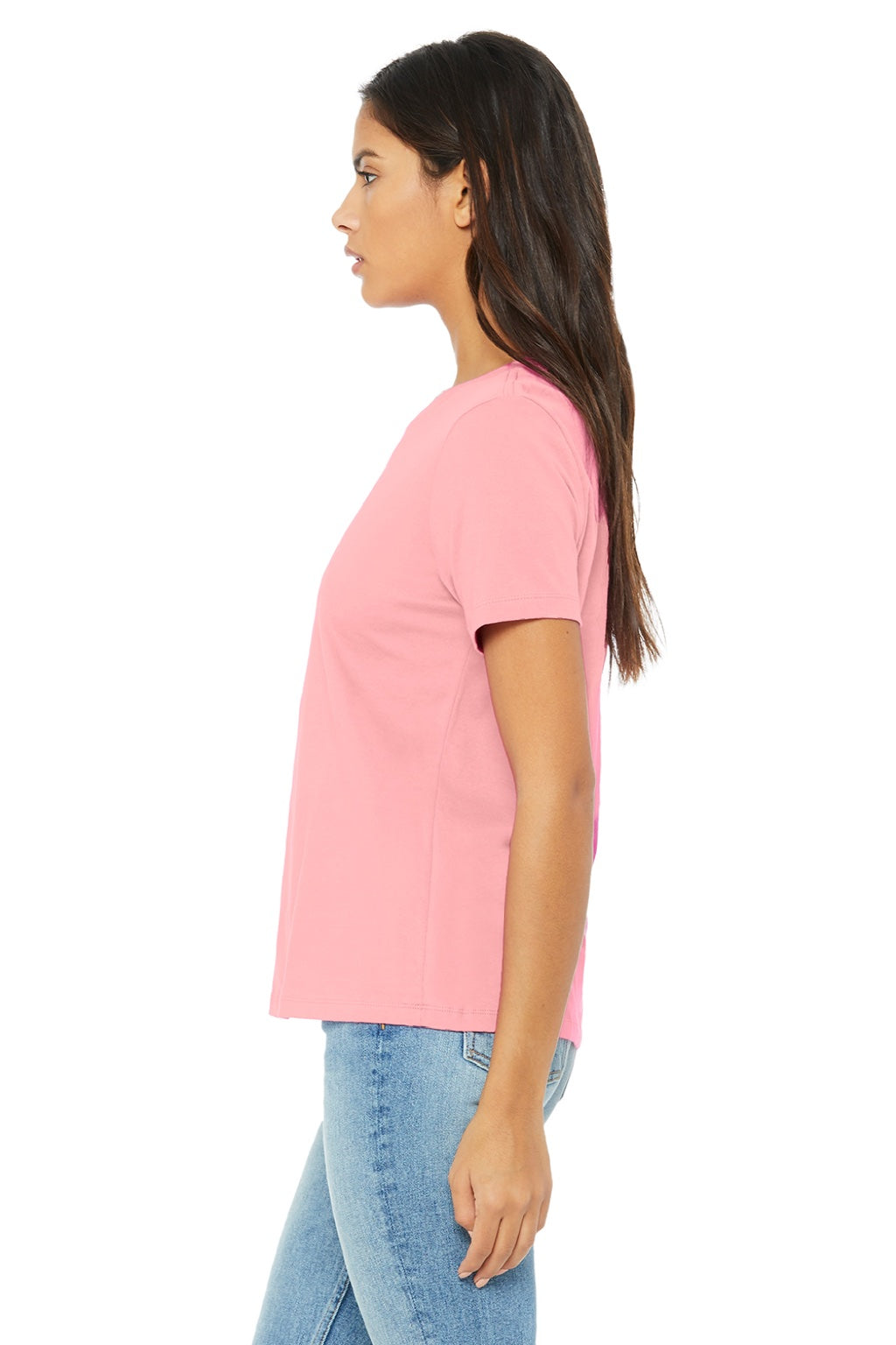 Bella + Canvas BC6400/6400 Womens Relaxed Jersey Short Sleeve Crewneck T-Shirt Pink Model Side