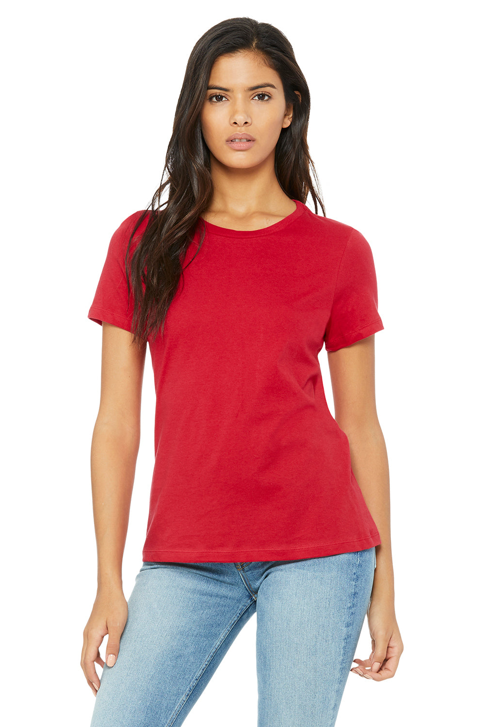 Bella + Canvas BC6400/B6400/6400 Womens Relaxed Jersey Short Sleeve Crewneck T-Shirt Red Model Front