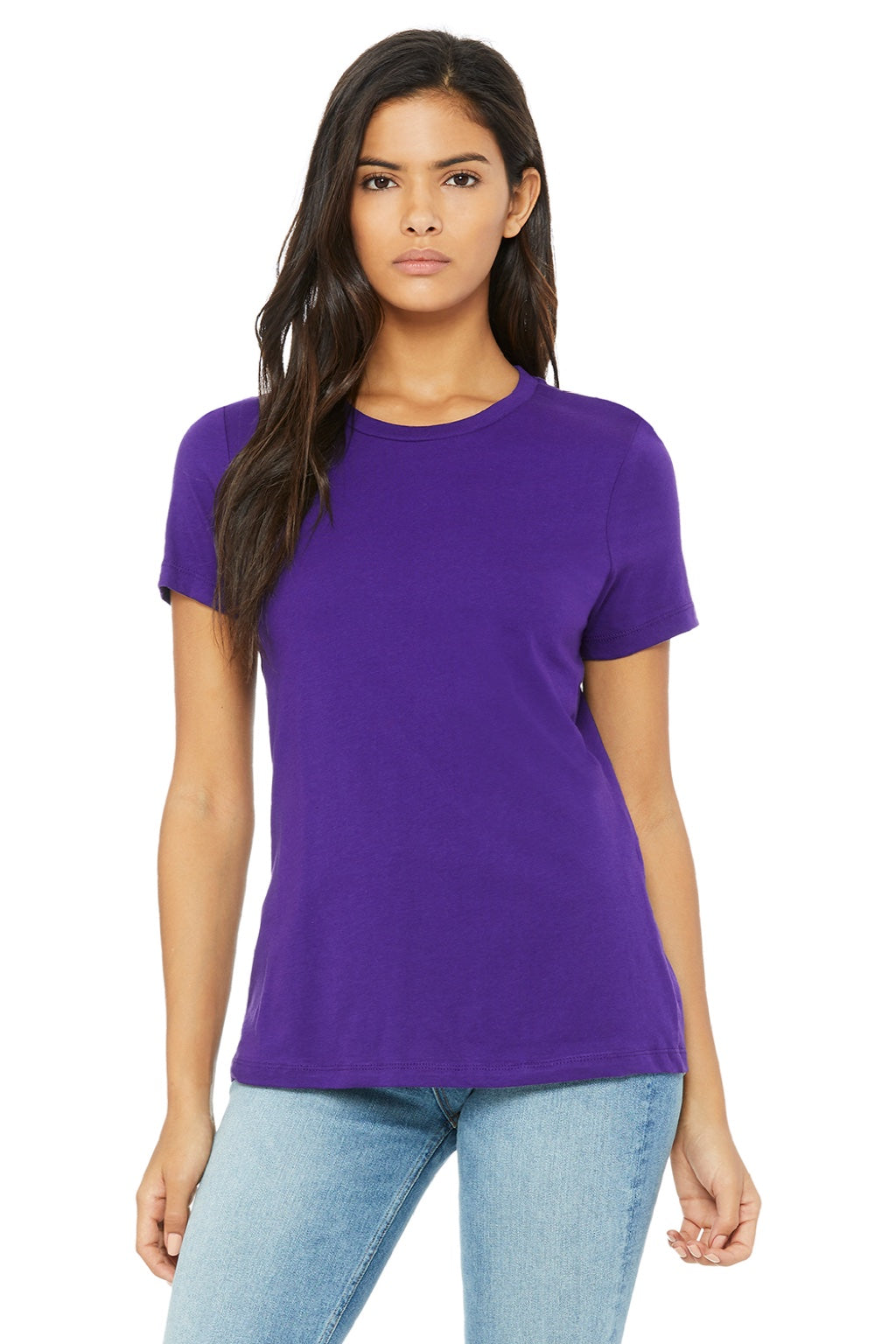 Bella + Canvas BC6400/6400 Womens Relaxed Jersey Short Sleeve Crewneck T-Shirt Team Purple Model Front