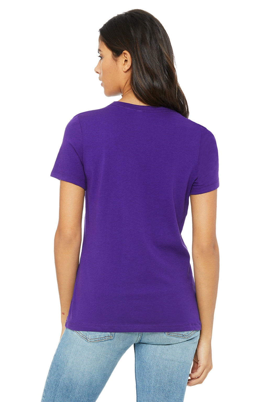 Bella + Canvas BC6400/6400 Womens Relaxed Jersey Short Sleeve Crewneck T-Shirt Team Purple Model Back