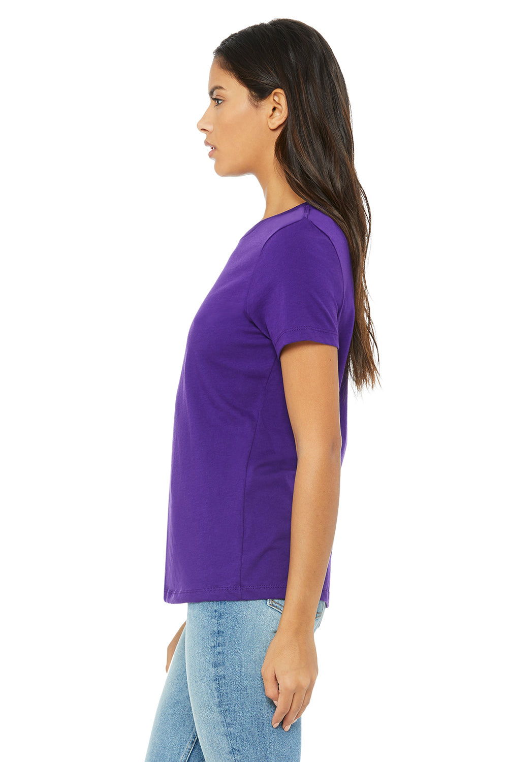 Bella + Canvas BC6400/B6400/6400 Womens Relaxed Jersey Short Sleeve Crewneck T-Shirt Team Purple Model Side