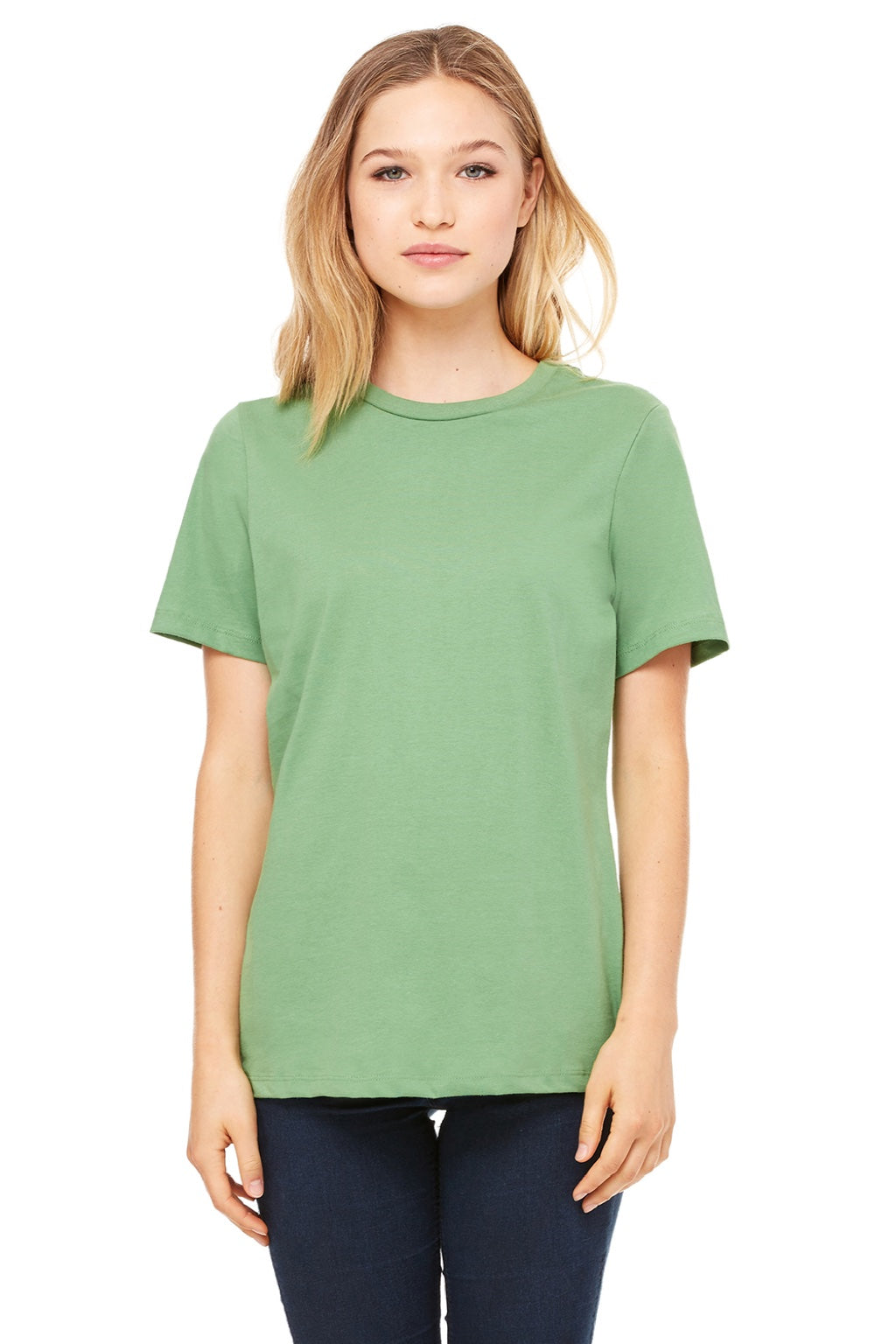 Bella + Canvas BC6400/6400 Womens Relaxed Jersey Short Sleeve Crewneck T-Shirt Leaf Green Model Front