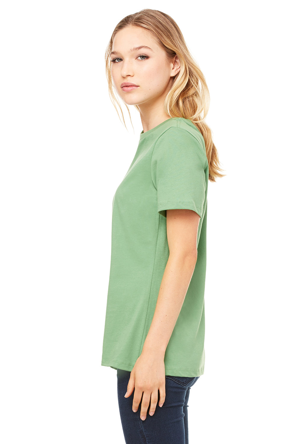 Bella + Canvas BC6400/B6400/6400 Womens Relaxed Jersey Short Sleeve Crewneck T-Shirt Leaf Green Model Side