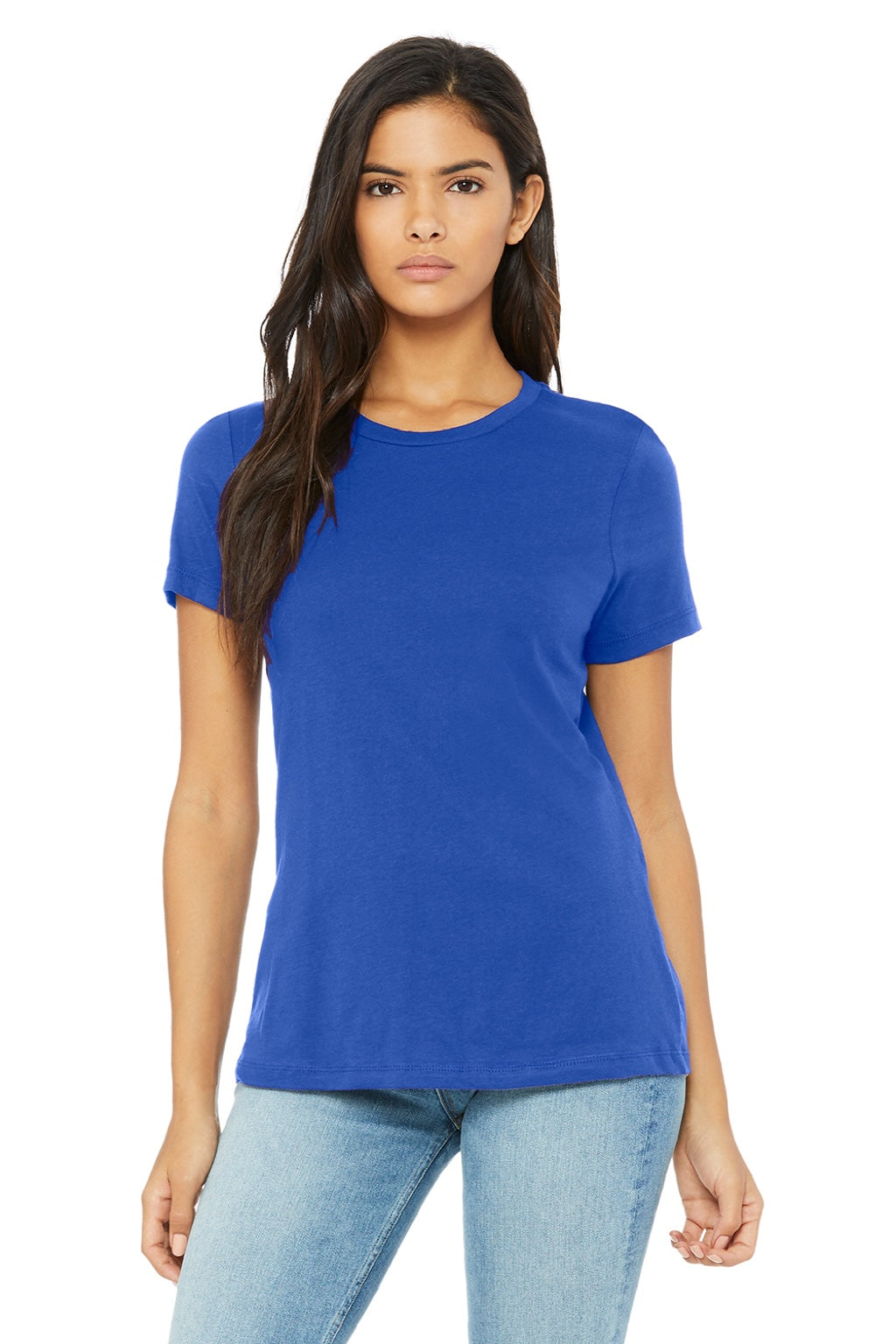 Bella + Canvas BC6400/6400 Womens Relaxed Jersey Short Sleeve Crewneck T-Shirt True Royal Blue Model Front