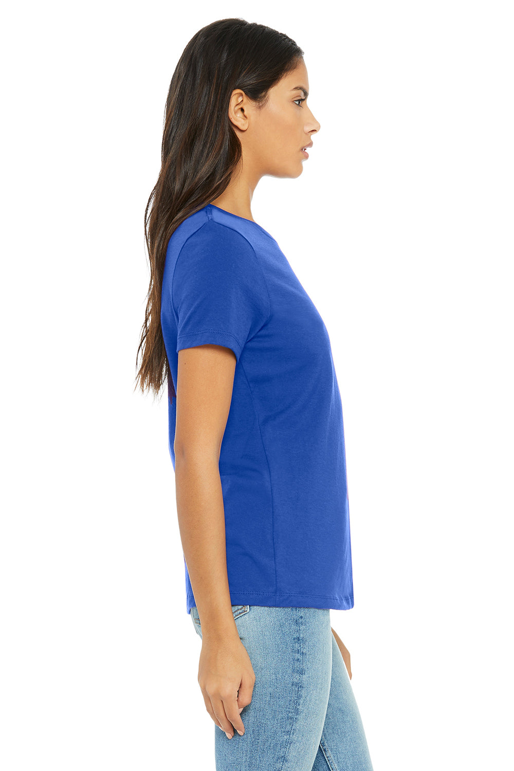 Bella + Canvas BC6400/B6400/6400 Womens Relaxed Jersey Short Sleeve Crewneck T-Shirt True Royal Blue Model Side