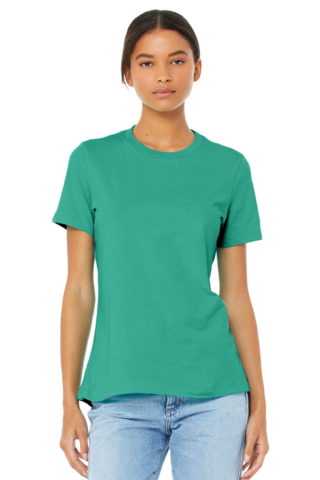 Bella + Canvas BC6400/6400 Womens Relaxed Jersey Short Sleeve Crewneck T-Shirt Teal Green Model Front