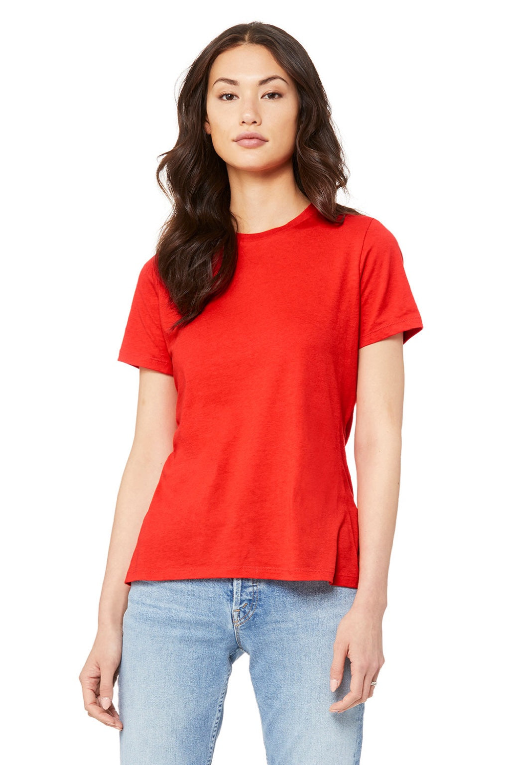 Bella + Canvas BC6400/6400 Womens Relaxed Jersey Short Sleeve Crewneck T-Shirt Poppy Red Model Front