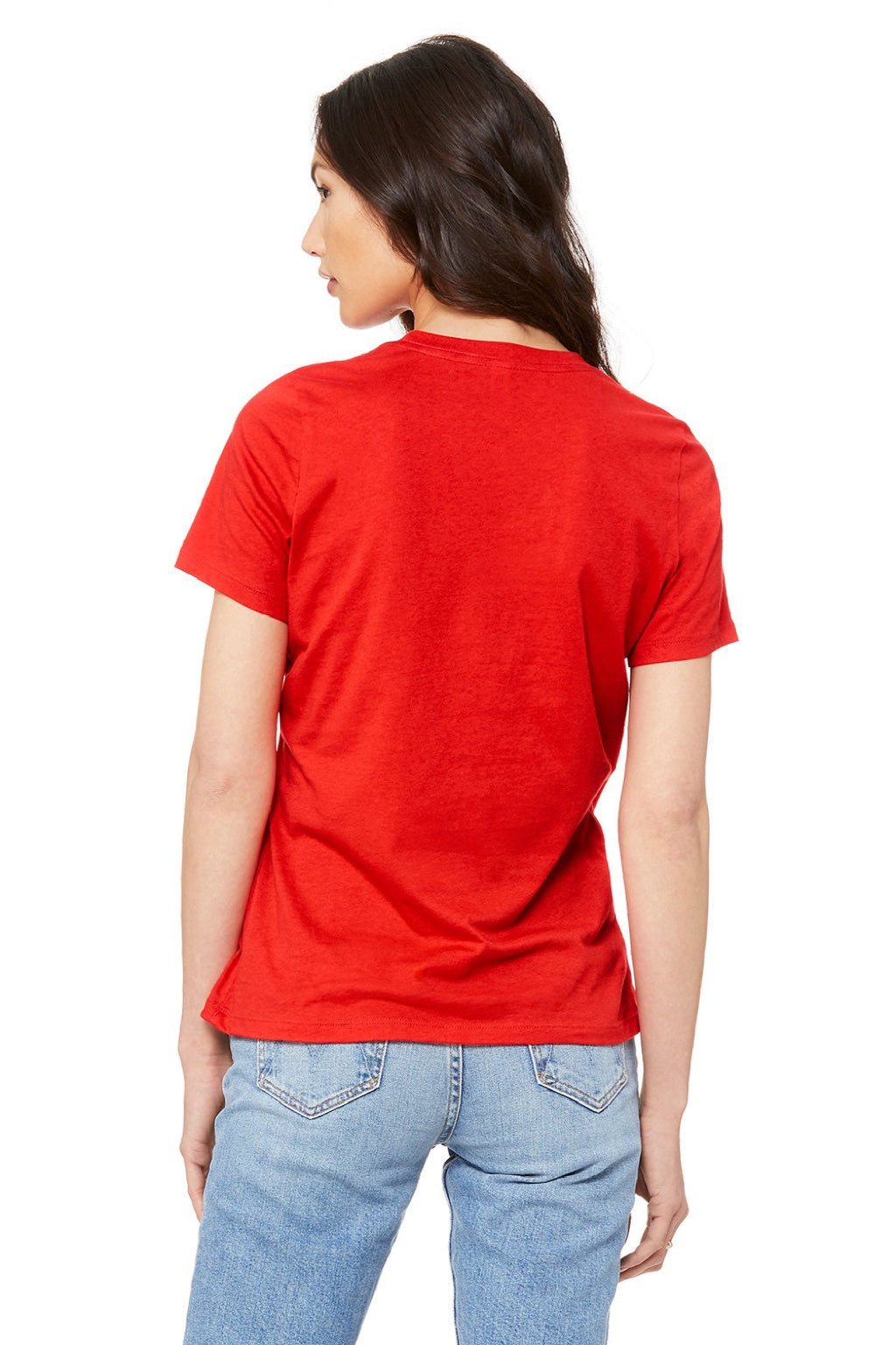Bella + Canvas BC6400/6400 Womens Relaxed Jersey Short Sleeve Crewneck T-Shirt Poppy Red Model Back