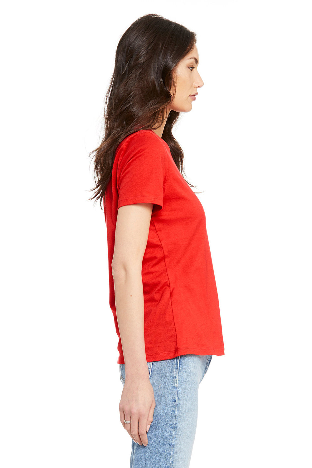 Bella + Canvas BC6400/B6400/6400 Womens Relaxed Jersey Short Sleeve Crewneck T-Shirt Poppy Red Model Side