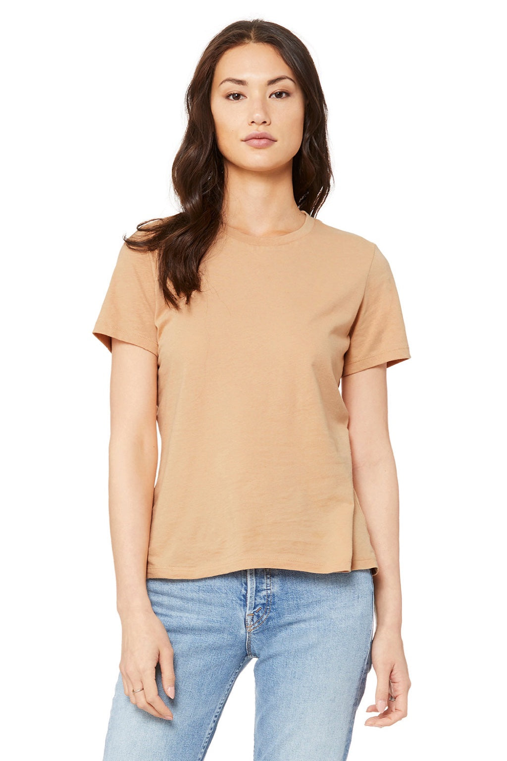 Bella + Canvas BC6400/6400 Womens Relaxed Jersey Short Sleeve Crewneck T-Shirt Sand Dune Model Front