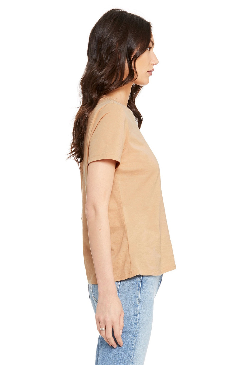 Bella + Canvas BC6400/6400 Womens Relaxed Jersey Short Sleeve Crewneck T-Shirt Sand Dune Model Side