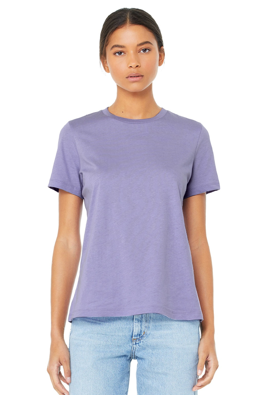 Bella + Canvas BC6400/6400 Womens Relaxed Jersey Short Sleeve Crewneck T-Shirt Dark Lavender Purple Model Front