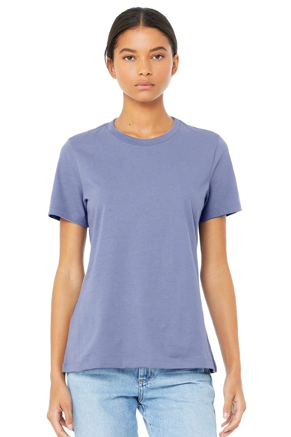 Bella + Canvas BC6400/6400 Womens Relaxed Jersey Short Sleeve Crewneck T-Shirt Lavender Blue Model Front