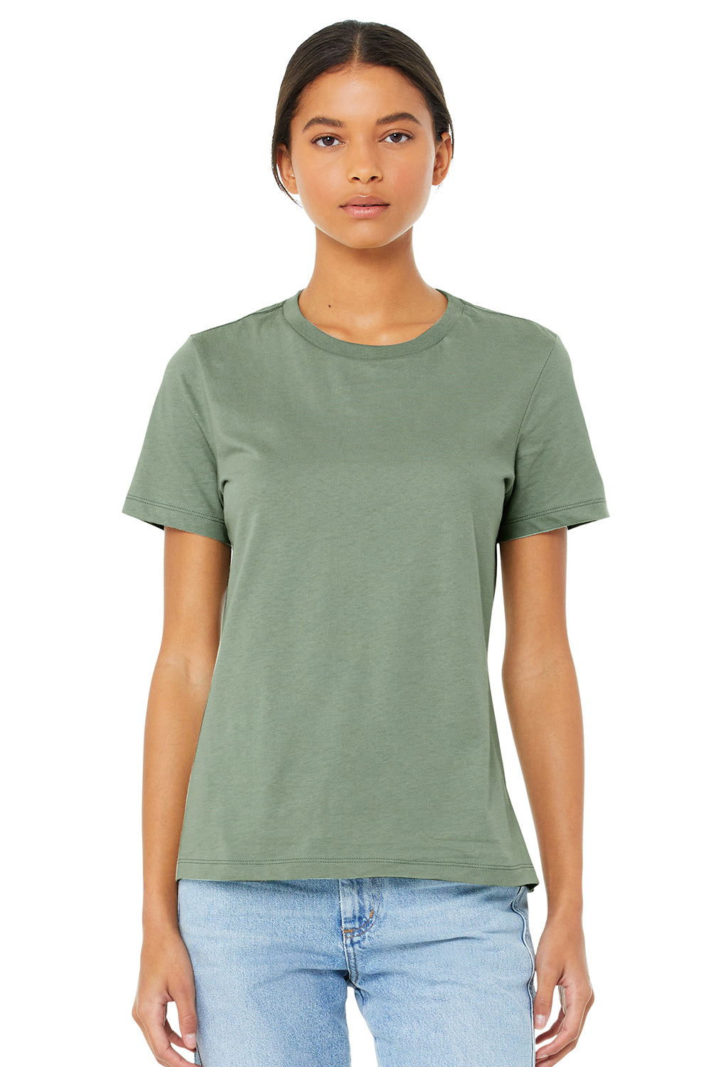 Bella + Canvas BC6400/B6400/6400 Womens Relaxed Jersey Short Sleeve Crewneck T-Shirt Sage Green Model Front