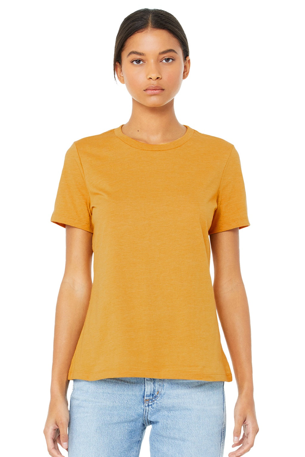 Bella + Canvas BC6400/6400 Womens Relaxed Jersey Short Sleeve Crewneck T-Shirt Mustard Yellow Model Front