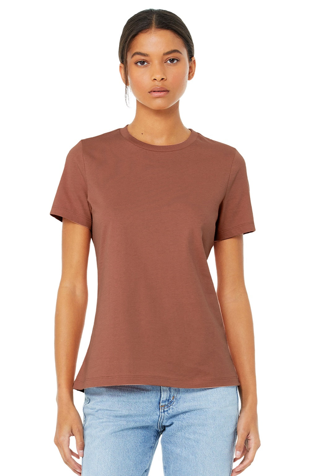 Bella + Canvas BC6400/6400 Womens Relaxed Jersey Short Sleeve Crewneck T-Shirt Terracotta Model Front