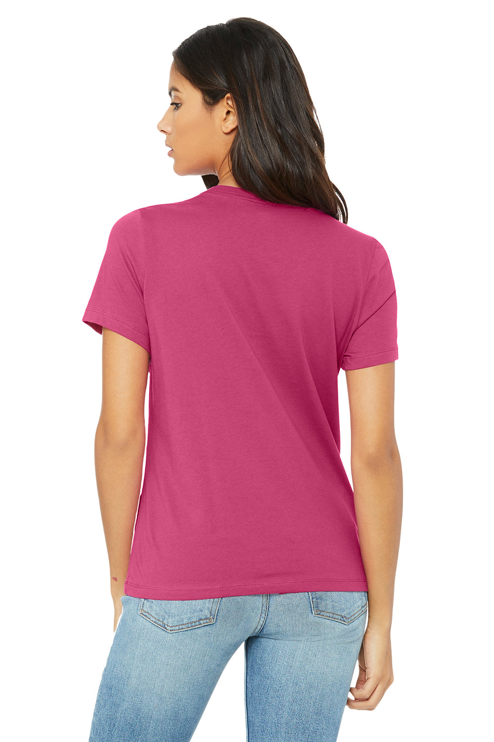 Bella + Canvas BC6400/B6400/6400 Womens Relaxed Jersey Short Sleeve Crewneck T-Shirt Berry Pink Model Back