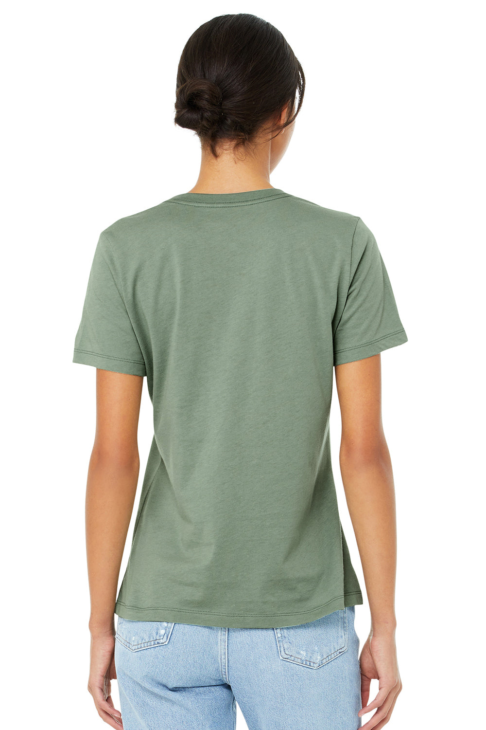 Bella + Canvas BC6400/B6400/6400 Womens Relaxed Jersey Short Sleeve Crewneck T-Shirt Sage Green Model Back