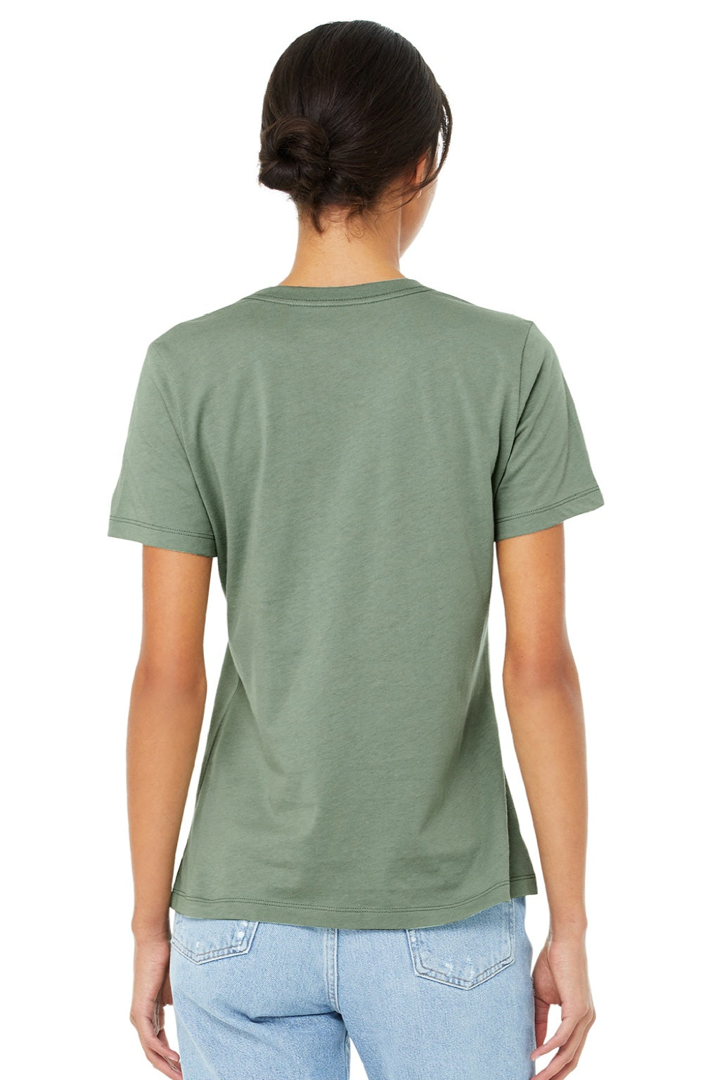 Bella + Canvas BC6400/6400 Womens Relaxed Jersey Short Sleeve Crewneck T-Shirt Sage Green Model Back