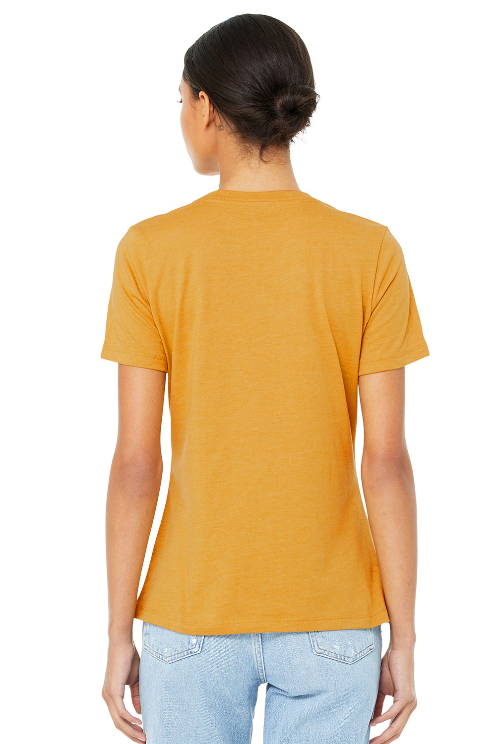 Bella + Canvas BC6400/B6400/6400 Womens Relaxed Jersey Short Sleeve Crewneck T-Shirt Mustard Yellow Model Back