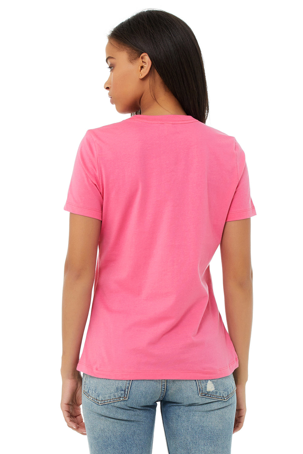 Bella + Canvas BC6400/B6400/6400 Womens Relaxed Jersey Short Sleeve Crewneck T-Shirt Charity Pink Model Back