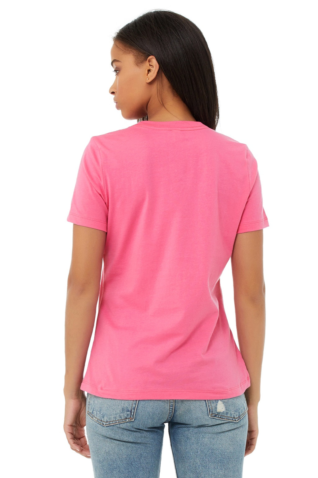 Bella + Canvas BC6400/6400 Womens Relaxed Jersey Short Sleeve Crewneck T-Shirt Charity Pink Model Back