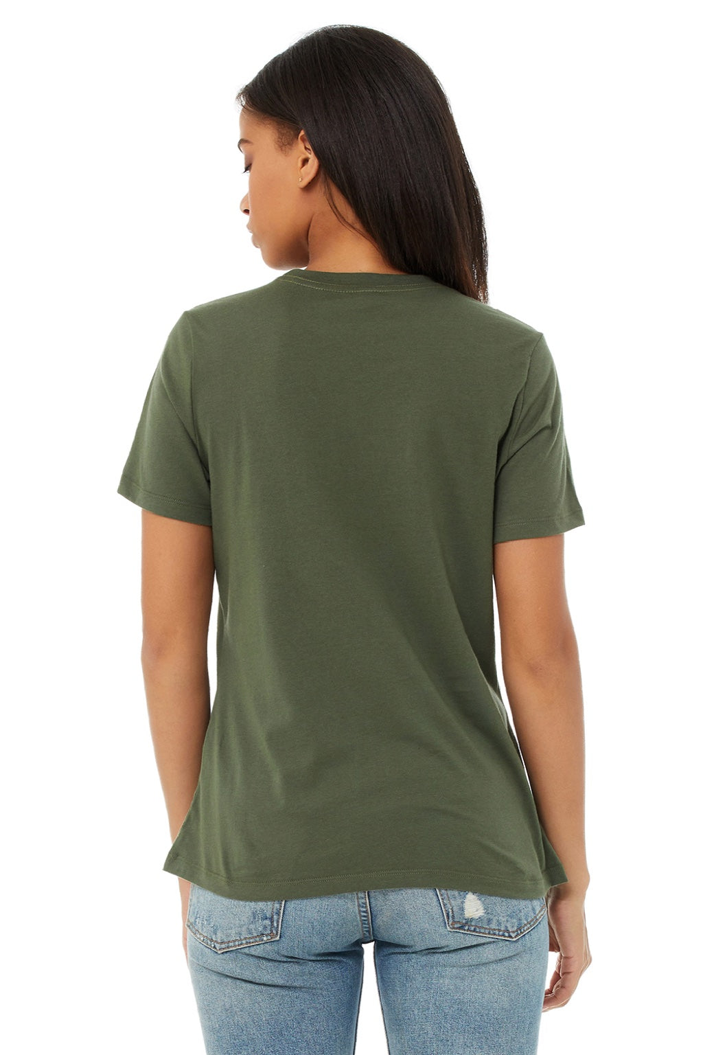 Bella + Canvas BC6400/6400 Womens Relaxed Jersey Short Sleeve Crewneck T-Shirt Military Green Model Back