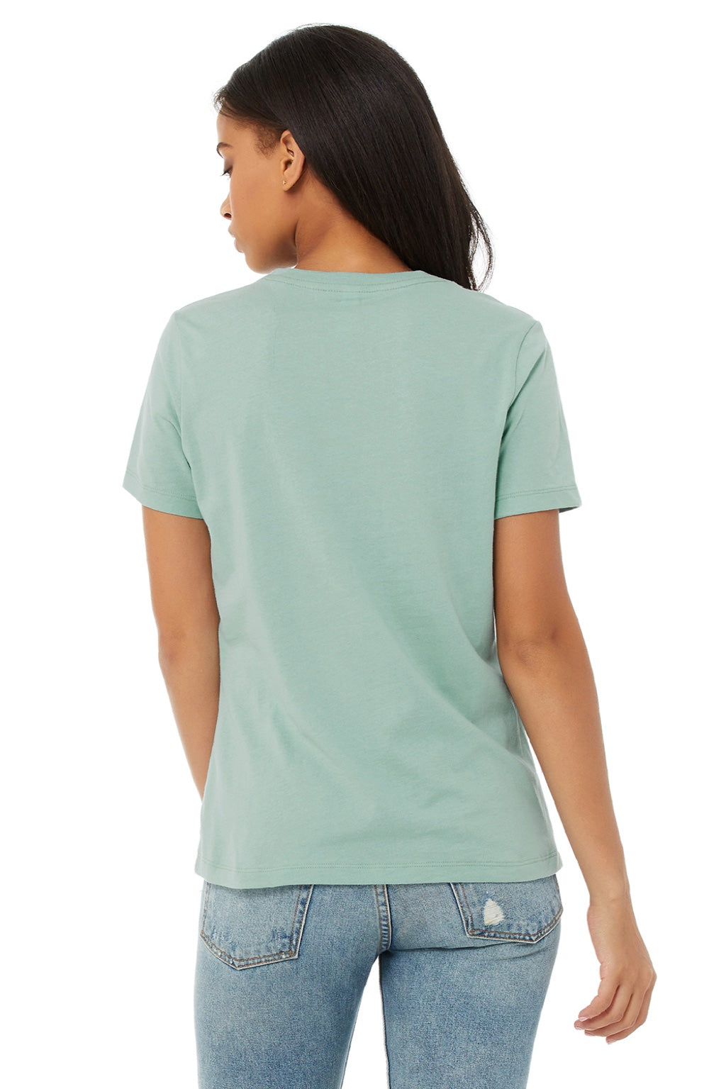 Bella + Canvas BC6400/6400 Womens Relaxed Jersey Short Sleeve Crewneck T-Shirt Dusty Blue Model Back