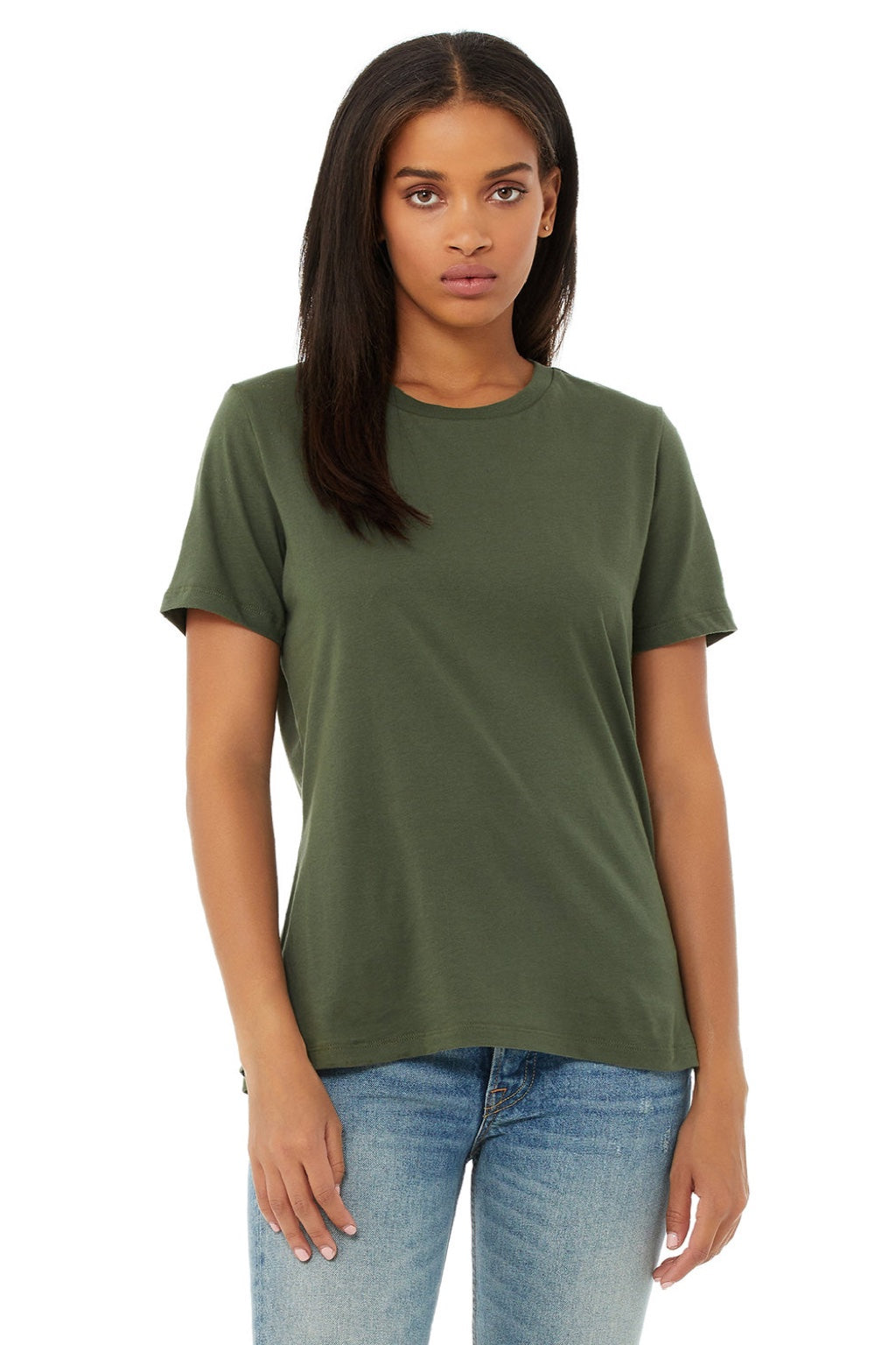 Bella + Canvas BC6400/6400 Womens Relaxed Jersey Short Sleeve Crewneck T-Shirt Military Green Model Front