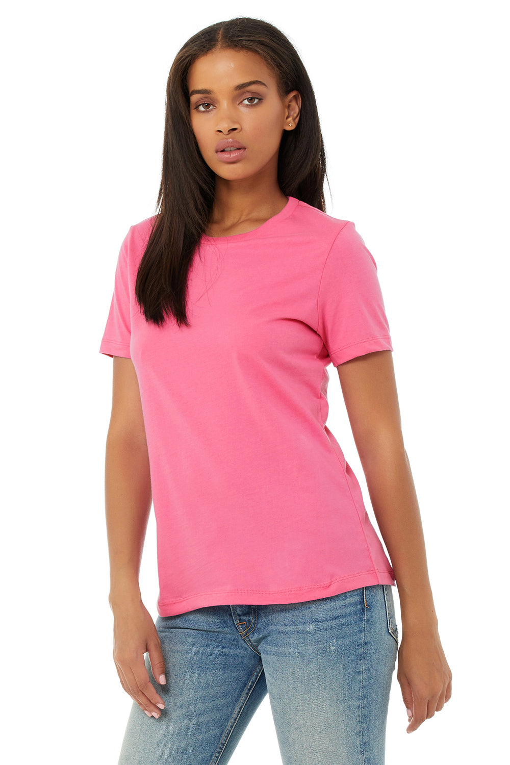 Bella + Canvas BC6400/B6400/6400 Womens Relaxed Jersey Short Sleeve Crewneck T-Shirt Charity Pink Model 3Q