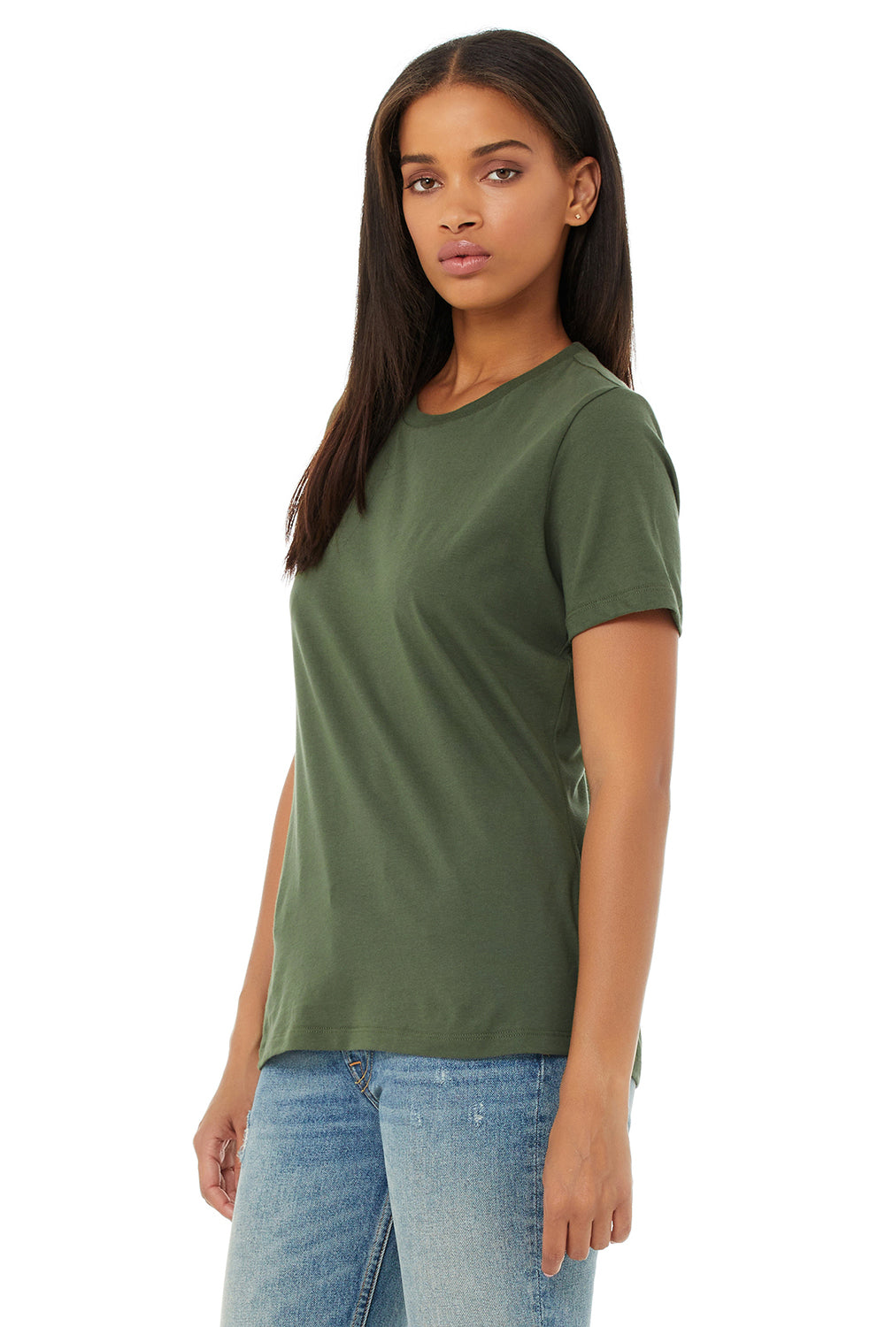 Bella + Canvas BC6400/B6400/6400 Womens Relaxed Jersey Short Sleeve Crewneck T-Shirt Military Green Model 3Q