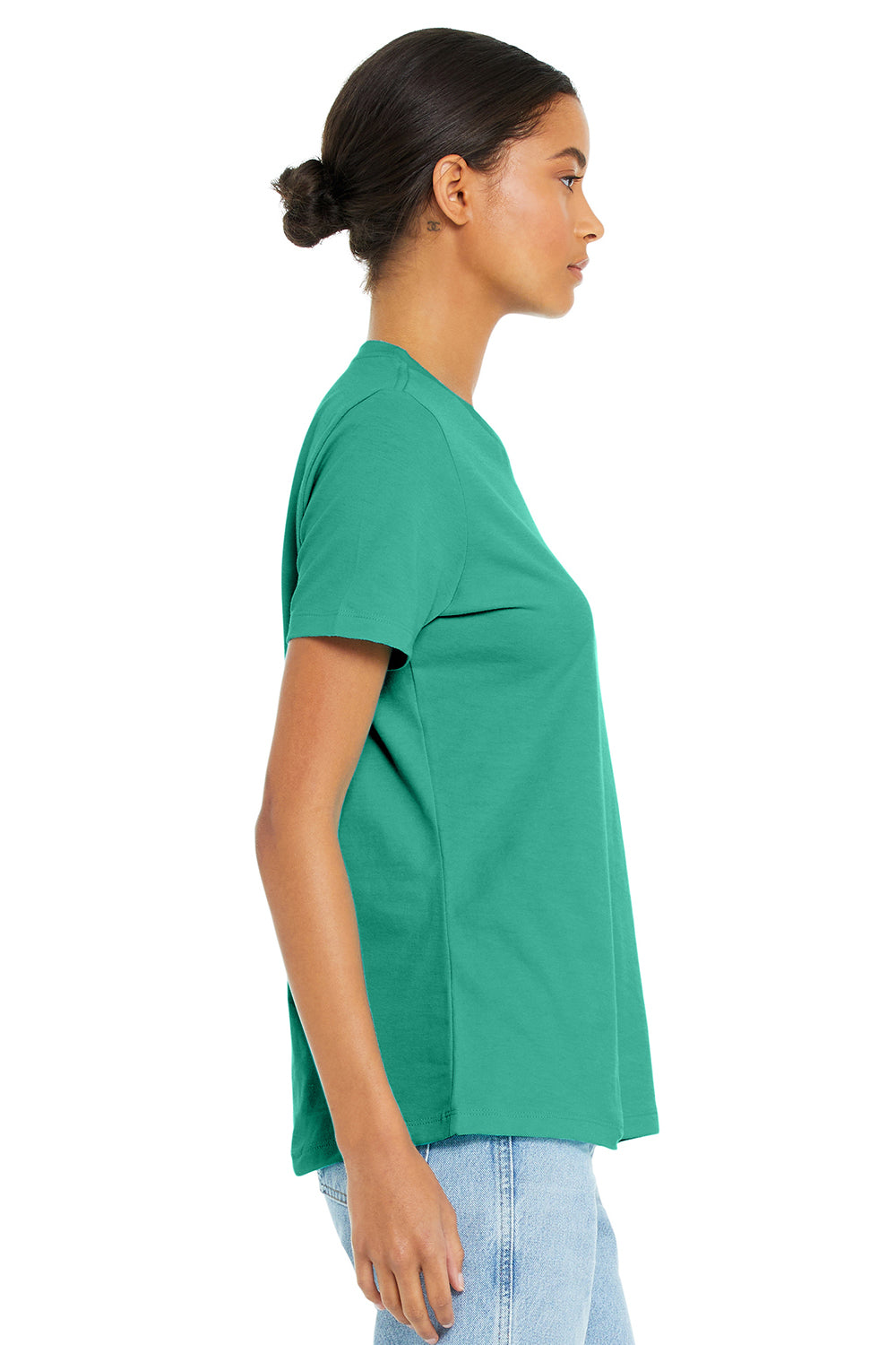 Bella + Canvas BC6400/B6400/6400 Womens Relaxed Jersey Short Sleeve Crewneck T-Shirt Teal Green Model Side