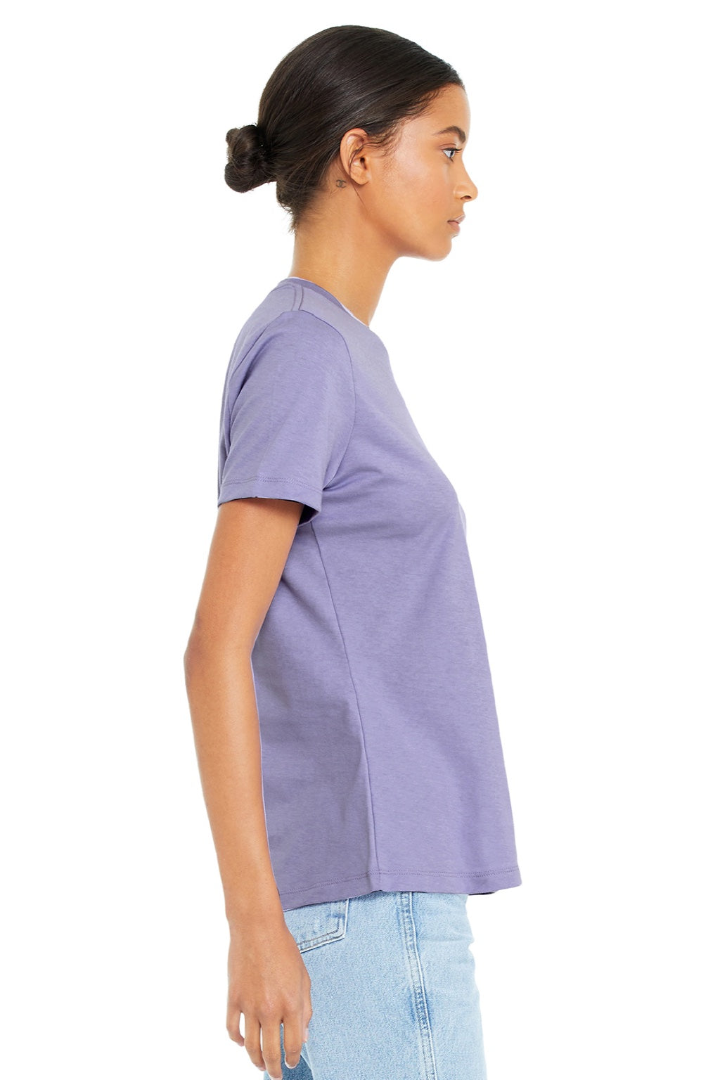 Bella + Canvas BC6400/6400 Womens Relaxed Jersey Short Sleeve Crewneck T-Shirt Dark Lavender Purple Model Side