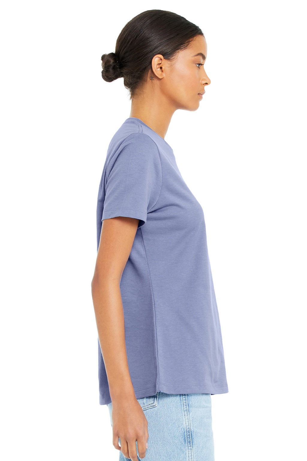 Bella + Canvas BC6400/6400 Womens Relaxed Jersey Short Sleeve Crewneck T-Shirt Lavender Blue Model Side