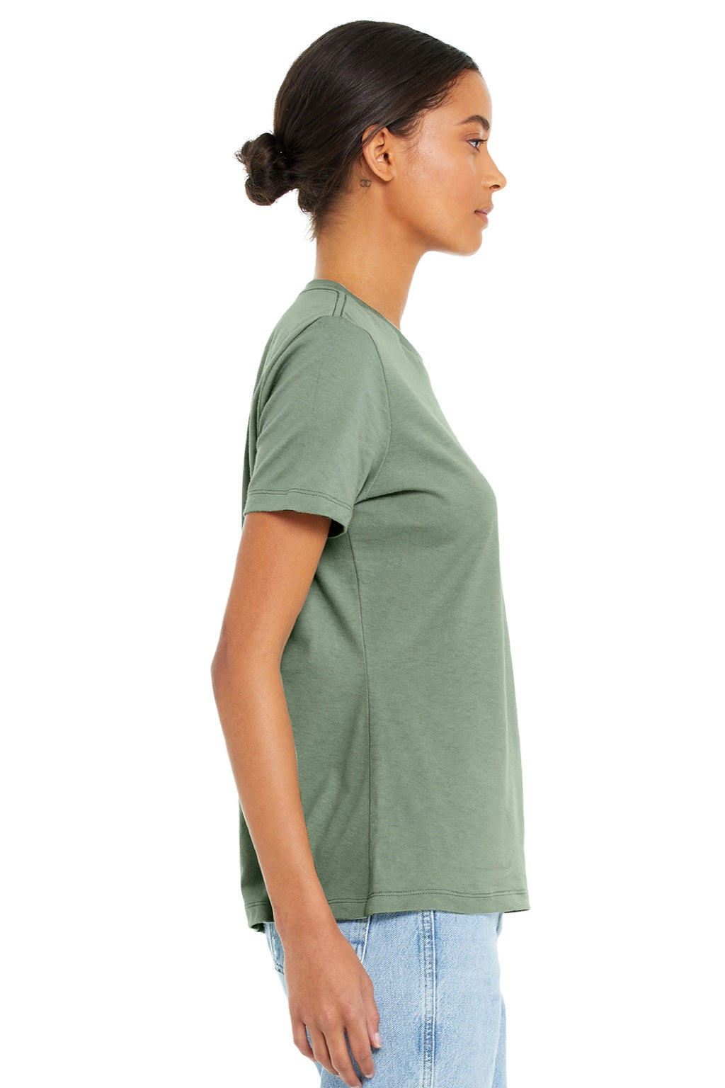Bella + Canvas BC6400/6400 Womens Relaxed Jersey Short Sleeve Crewneck T-Shirt Sage Green Model Side