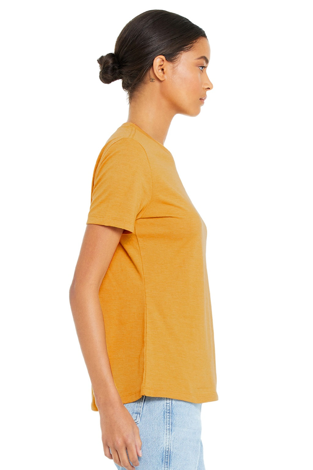 Bella + Canvas BC6400/6400 Womens Relaxed Jersey Short Sleeve Crewneck T-Shirt Mustard Yellow Model Side