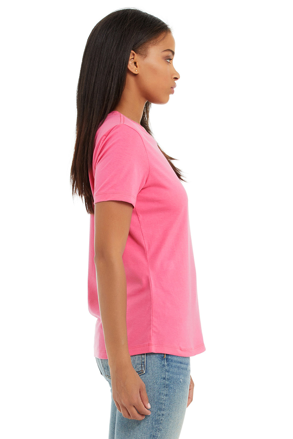 Bella + Canvas BC6400/B6400/6400 Womens Relaxed Jersey Short Sleeve Crewneck T-Shirt Charity Pink Model Side