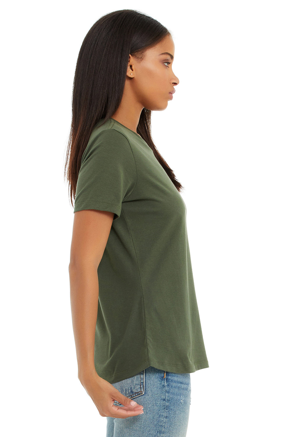 Bella + Canvas BC6400/B6400/6400 Womens Relaxed Jersey Short Sleeve Crewneck T-Shirt Military Green Model Side