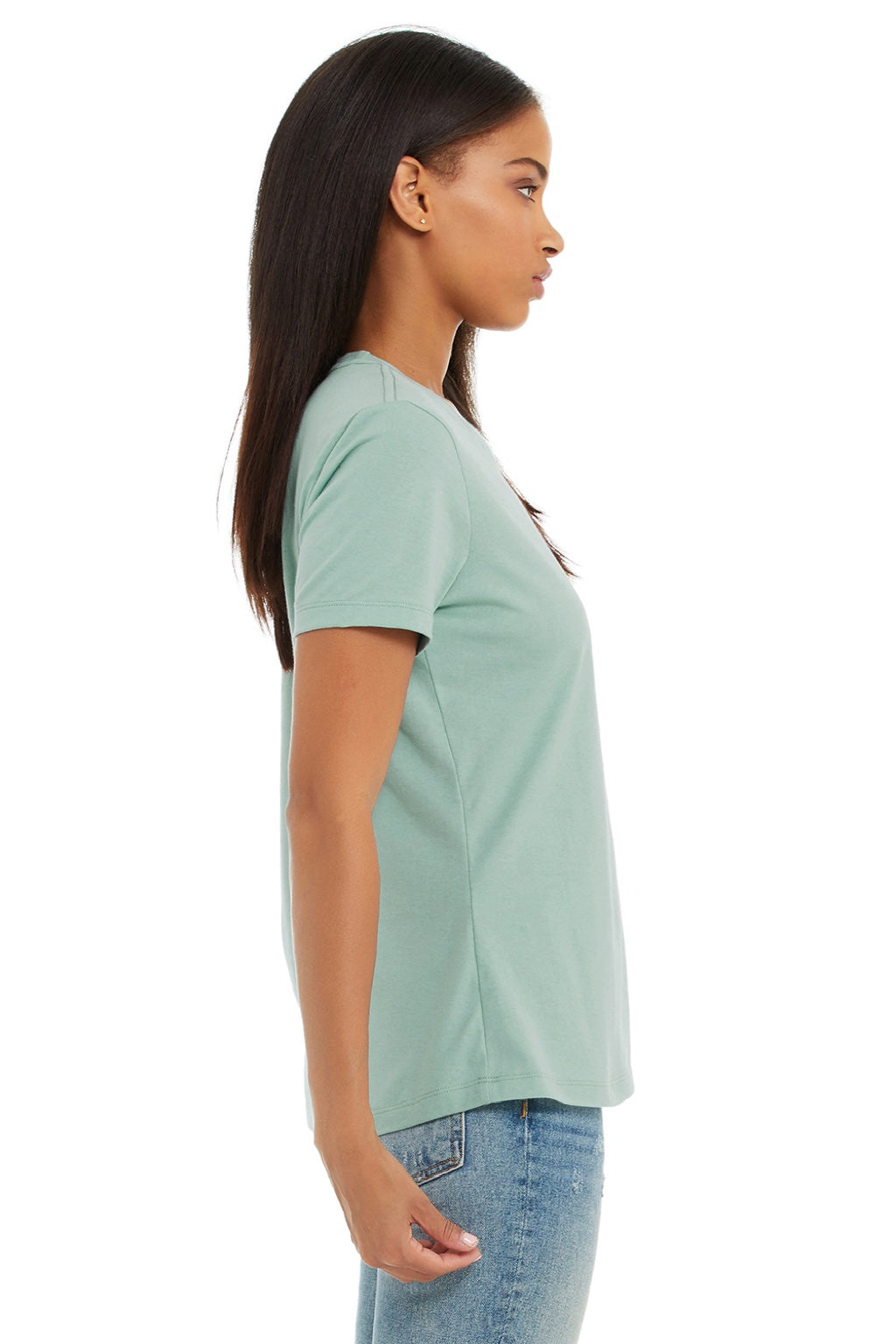 Bella + Canvas BC6400/6400 Womens Relaxed Jersey Short Sleeve Crewneck T-Shirt Dusty Blue Model Side