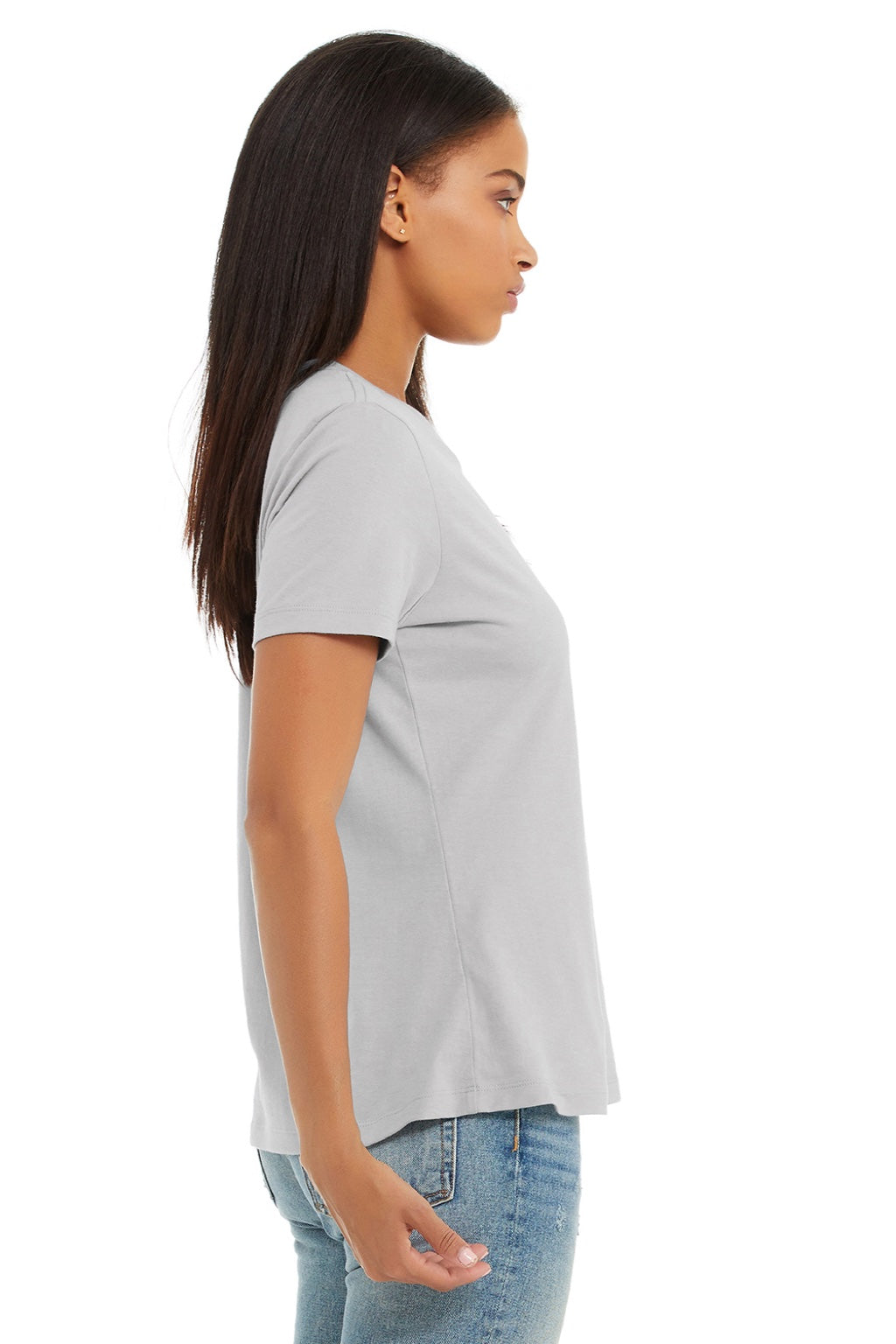 Bella + Canvas BC6400/6400 Womens Relaxed Jersey Short Sleeve Crewneck T-Shirt Solid Athletic Grey Model Side