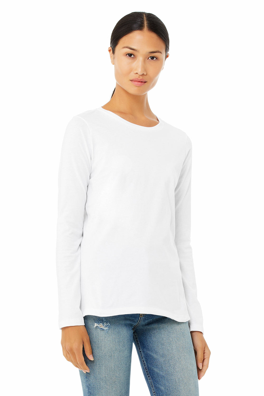 Bella + Canvas B6500/6500 Womens Jersey Long Sleeve Crewneck T-Shirt White Model Front