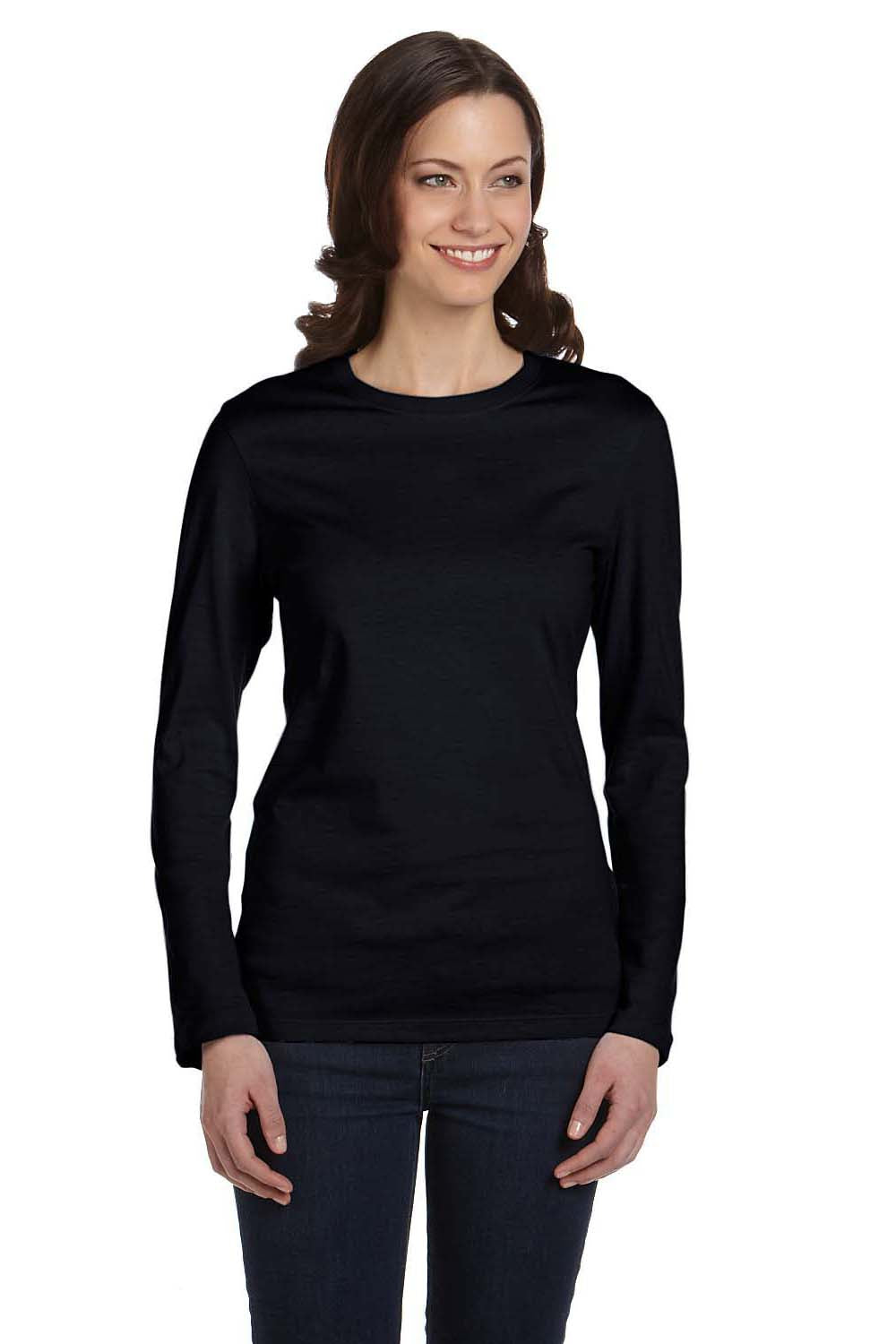 Bella + Canvas B6500/6500 Womens Jersey Long Sleeve Crewneck T-Shirt Black Model Front
